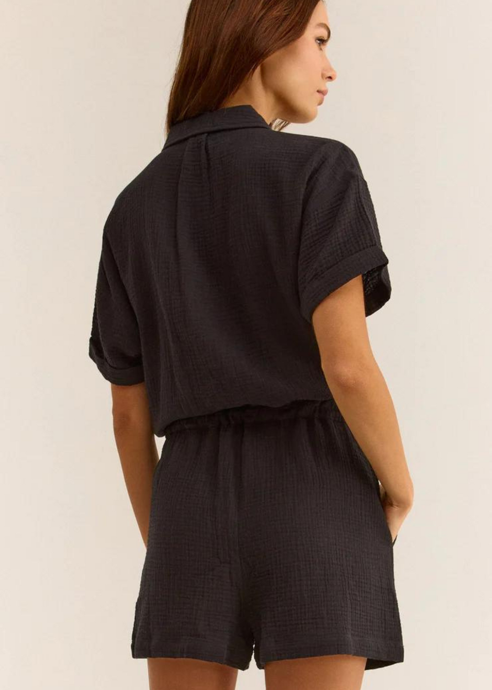 And The Why Washed Gauze Roll-up Sleeve Comfort Utility Romper