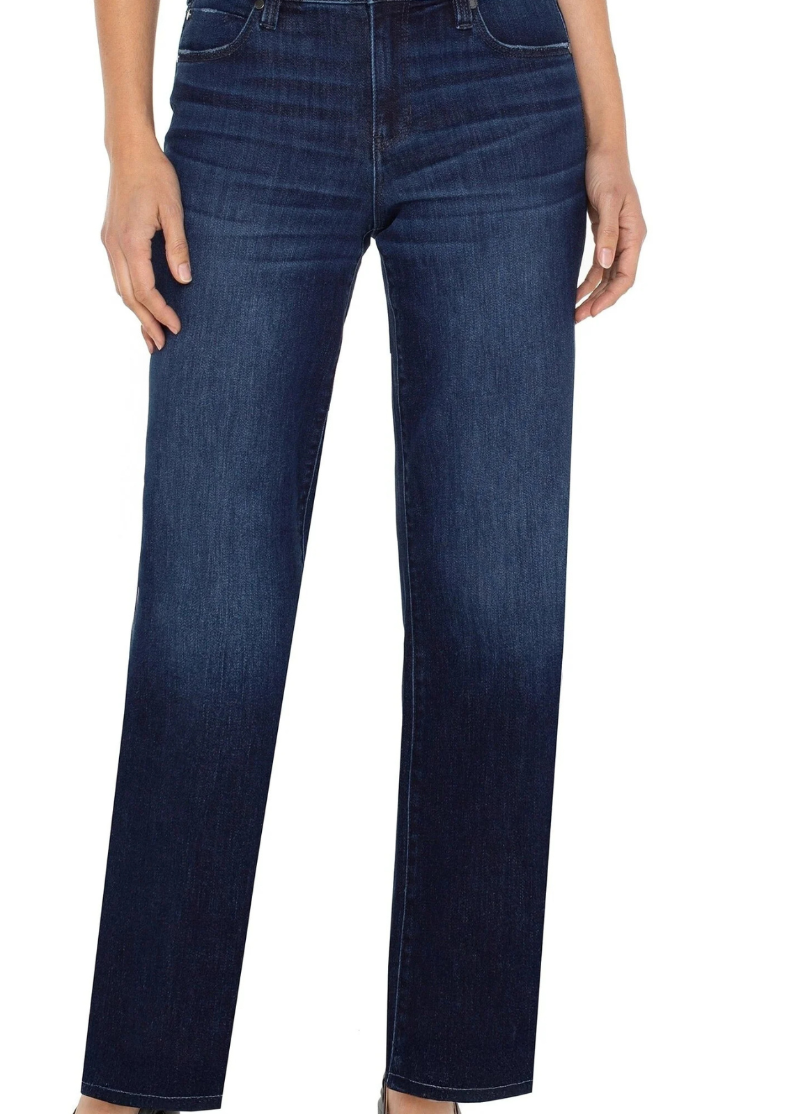 Classic indigo straight-leg jeans with a polished finish, featuring a flattering mid-rise fit, five-pocket styling, belt loops, a zip fly, and full-length 32-inch inseam.