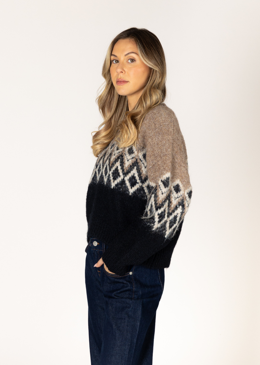 Elevate your look with this eco-friendly fair Isle print sweater, a statement piece that effortlessly combines classic print with modern neutral tones. Knit in a sumptuously soft sustainable fabric, this timeless piece perfectly merges cozy comfort and sophisticated style.