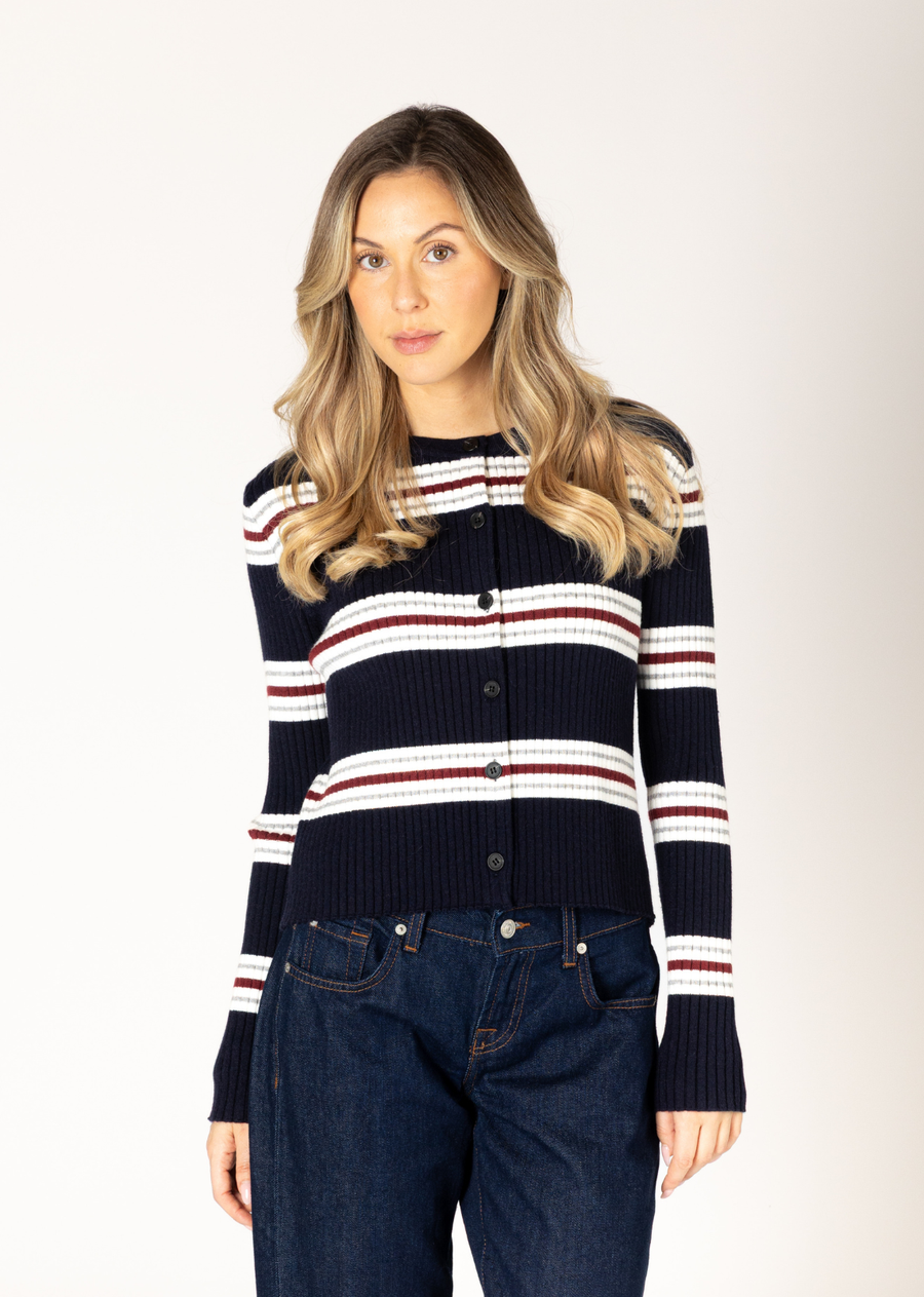 This essential striped cardigan, knit from our signature soft tri-blend yarn, is a must-have item this season. It offers a luxuriously soft, breathable, and comfortable fit, providing the ultimate blend of comfort and style. This lightweight knit is the ultimate layering piece, effortlessly pairing with denim or slacks.
