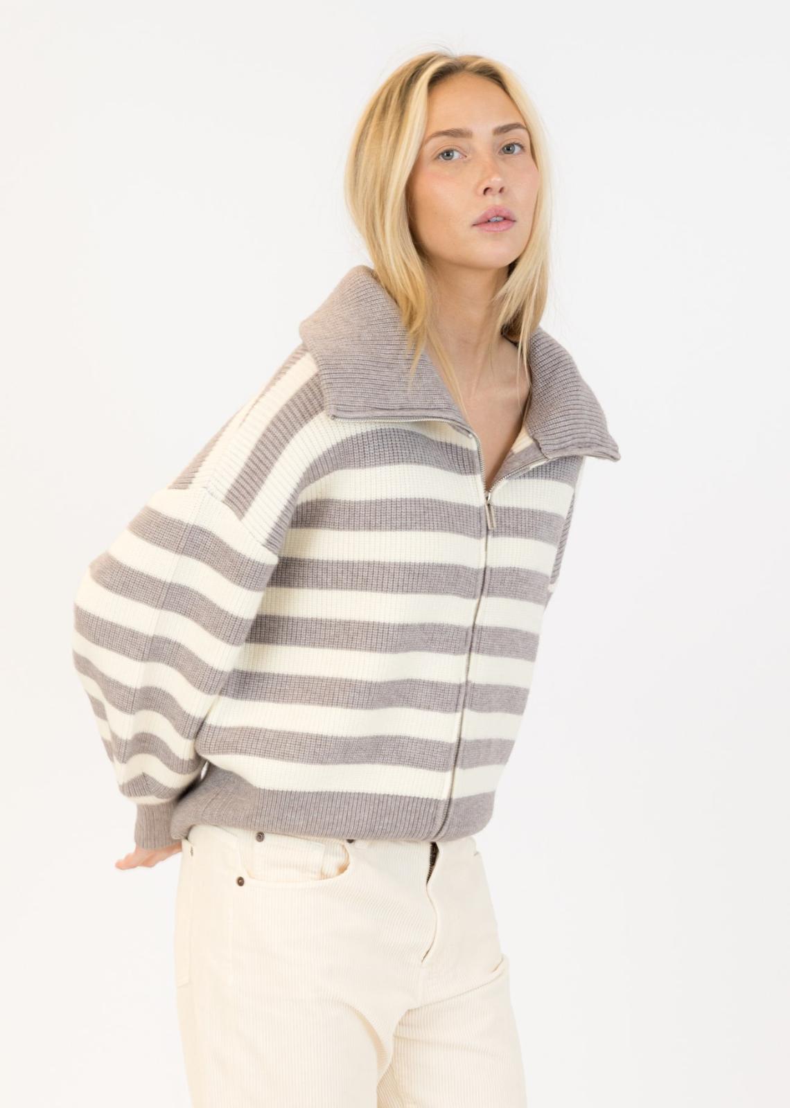Lyla + Luxe James Zip Up Cardigan - Grey White Stripe