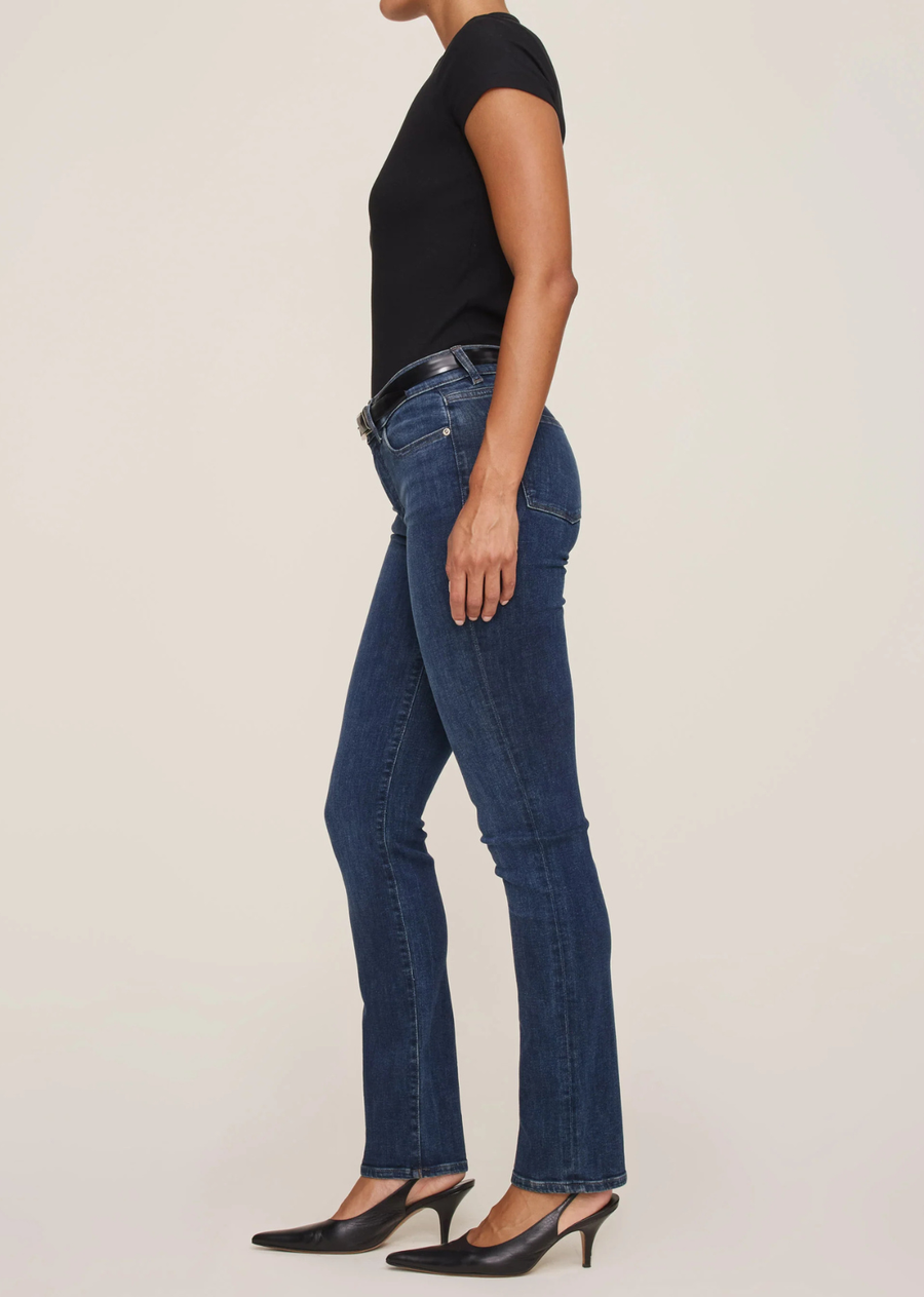 Mara is a mid-rise, straight leg fit with a 31" inseam that utilizes our Instasculpt™ technology to smooth, sculpt, and conform to your body for the perfect fit.

Eastside is a dark indigo wash with subtle whiskering for a vintage look. It features a silver shank, copper rivets, khaki stitching, a clean hem and a black back patch.