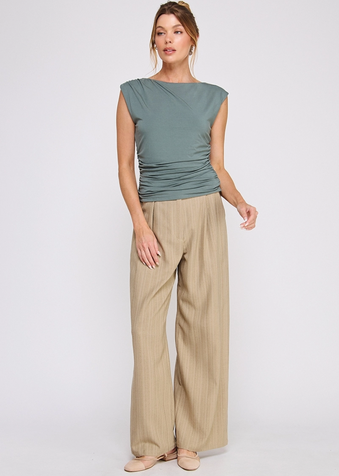 Soft double knit boat neck tank w/ ruched side waist