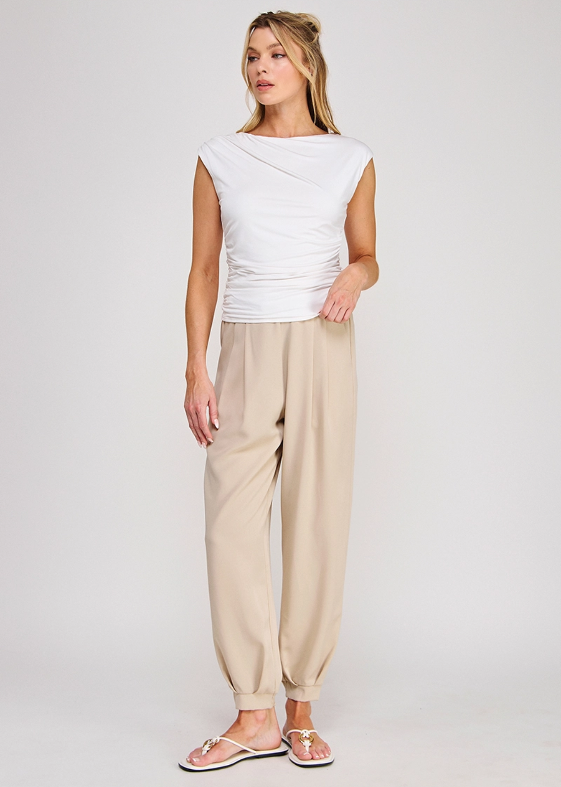 Soft double knit boat neck tank w/ ruched side waist