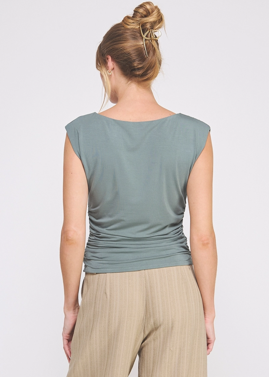 Soft double knit boat neck tank w/ ruched side waist