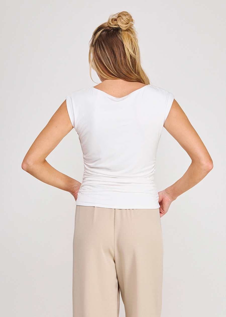 Soft double knit boat neck tank w/ ruched side waist