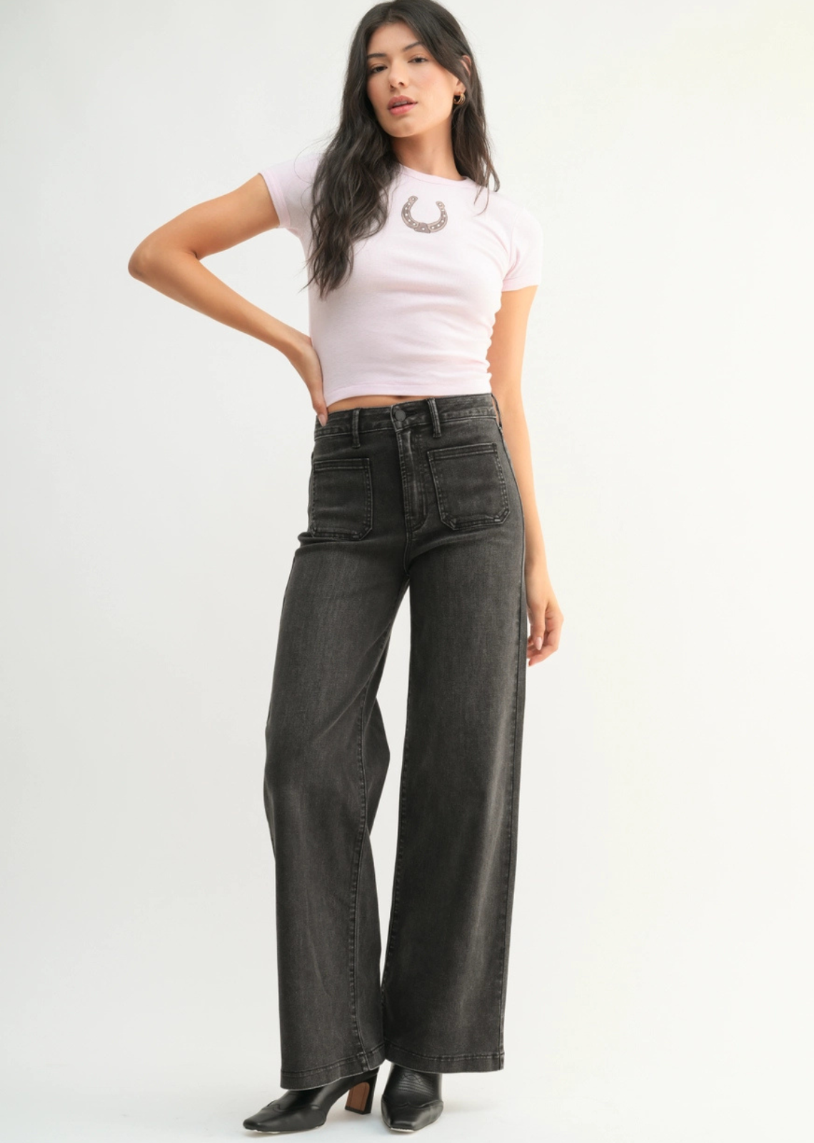 Mini Patch Pocket Wide Leg Jeans - Washed Black