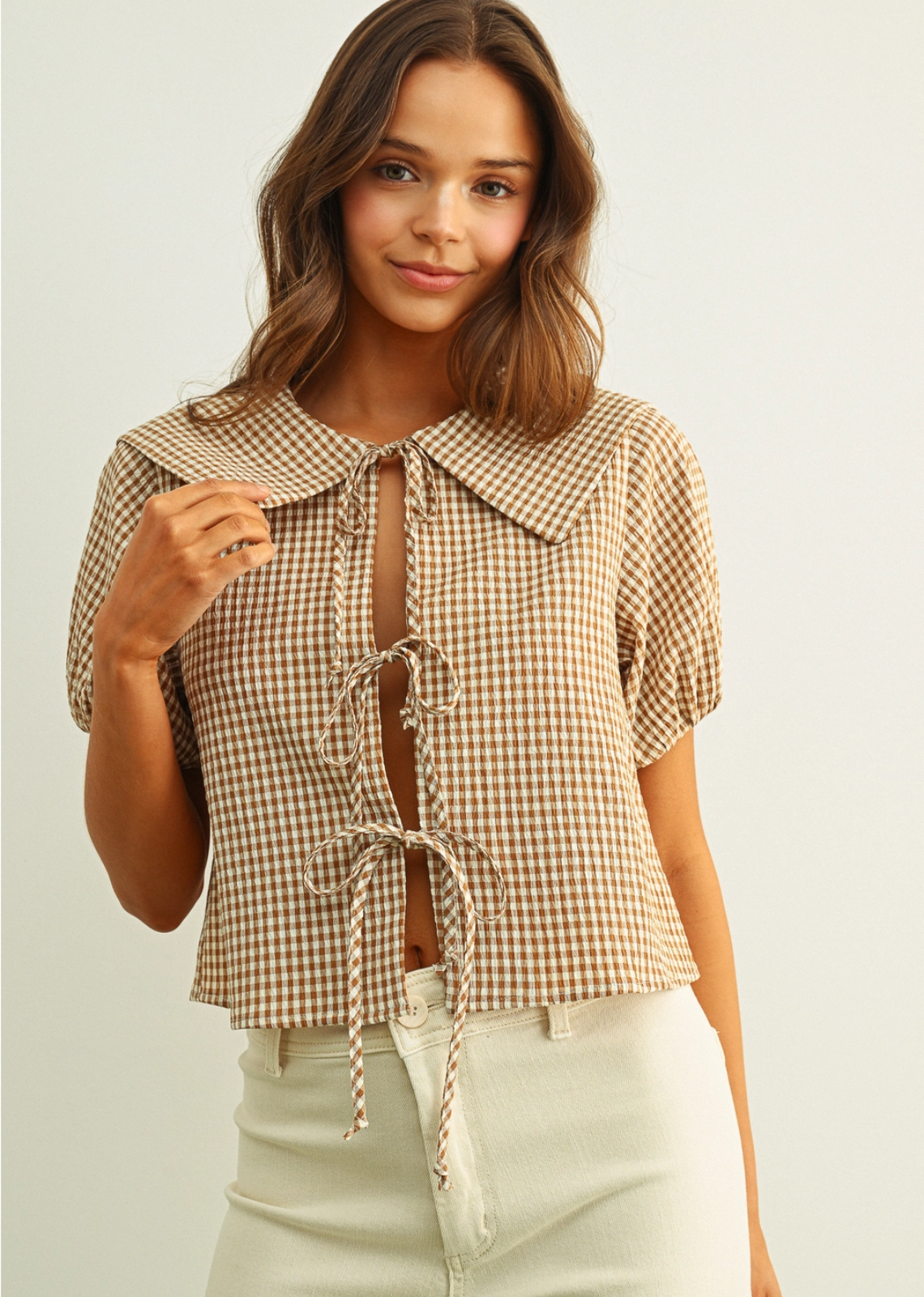 Elani Gingham Tie Front Top