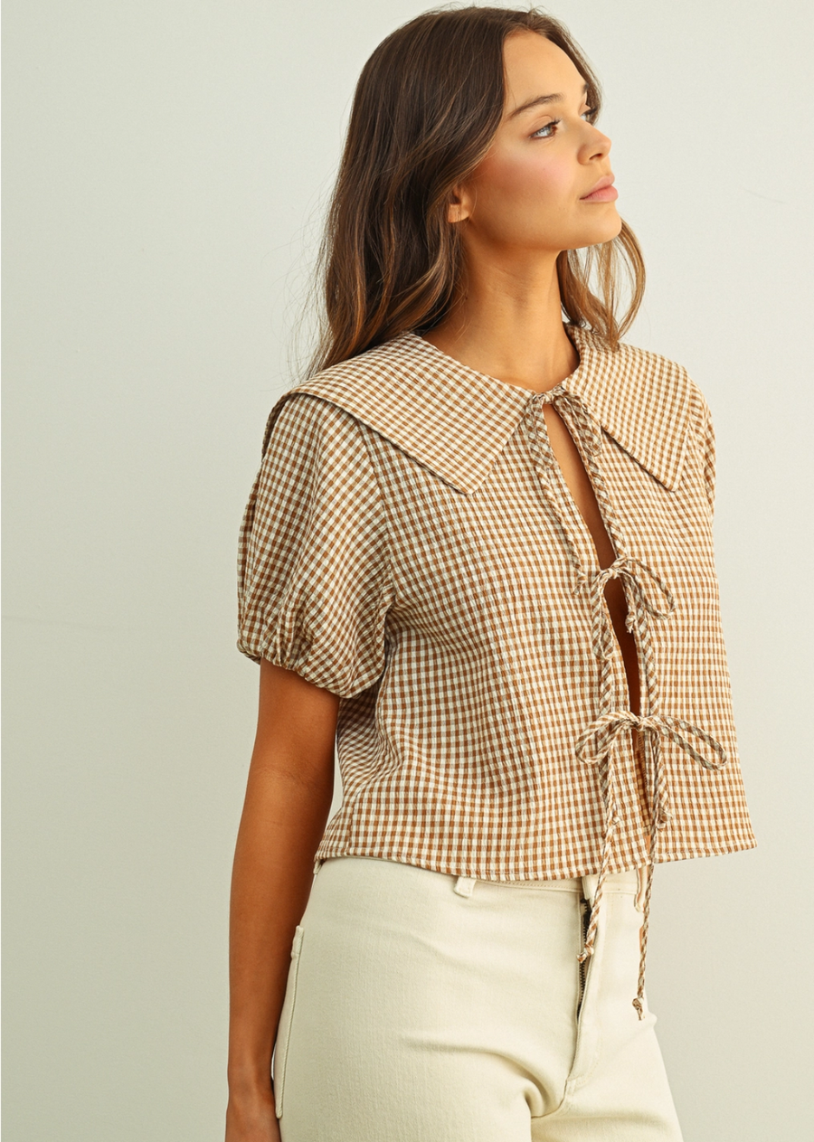 Elani Gingham Tie Front Top