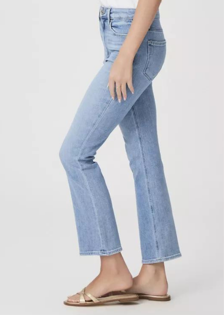 Paige Claudine- Persona. A vintage-inspired, high-rise ankle flare. We love the lived-in texture and details of this versatile light blue wash. This pair is cut from PAIGE VINTAGE denim which takes all of the work out of breaking in your favorite pair of vintage jeans. We've combined the comfort of stretch with everything you love about authentic vintage denim to create super soft jeans that feel perfectly lived-in from the very first wear.