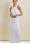 Charli Phoebe Skirt- White. Phoebe is an on trend elasticated maxi skirt in a soft satin fabric. Flowy with a luxe drape making it a perfect elevated essential this season. Versatile to team with any flat this season for a comfortable polished look.