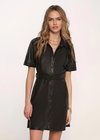 Heartloom Prinsloo Dress. A fall essential, The Prinsloo Dress. A mini dress made of faux leather; featuring self covered buttons and a self belt. Easily paired with boots or a pair of flats.