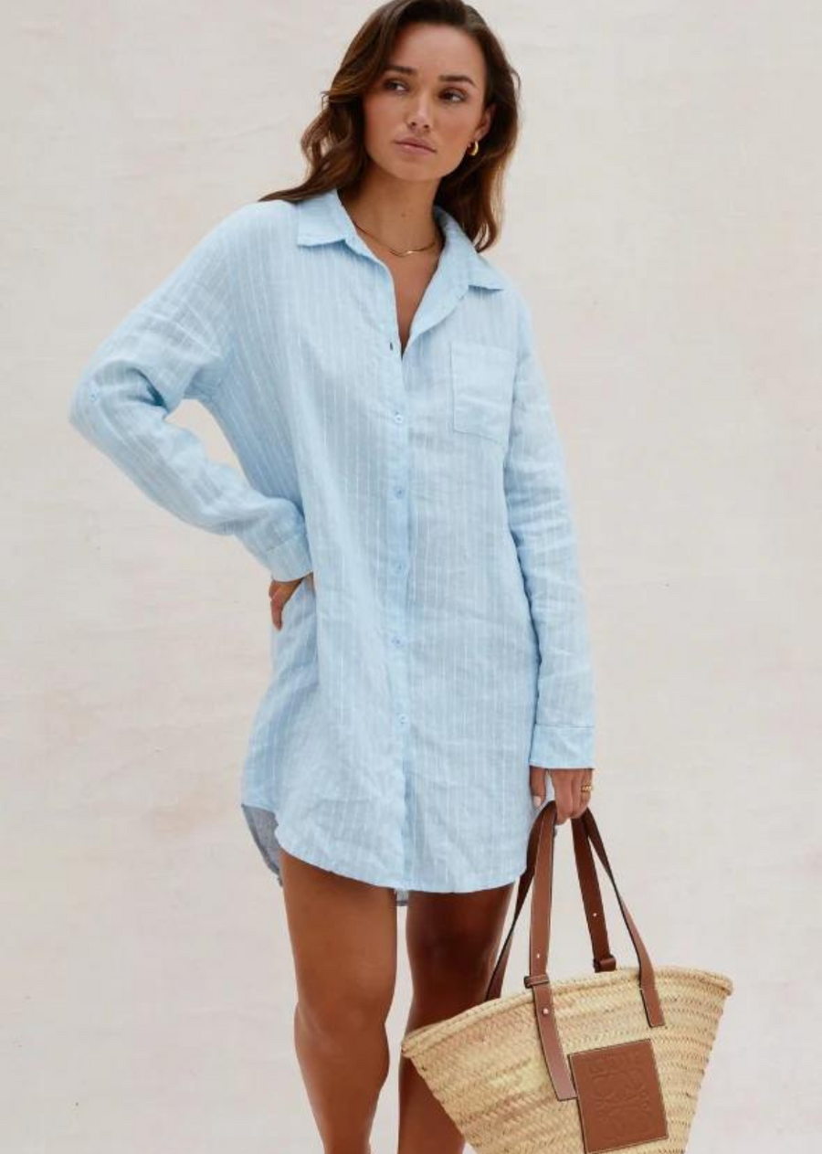 Charli Provence Shirt. Provence Shirt is a versatile relaxed fit Linen boyfriend shirt with a subtle stripe. An easy throw on this summer that you can team with relaxed soft tailored pants, denim or as an easy beach cover up. Button up shirt with tab on sleeve to for a rolled-up sleeve styling option.