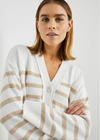 Rails Geneva Cardi- Sand Stripe. The Rails&nbsp;Geneva Cardigan is the perfect throw-on style for more casual days. Crafted from a tactile textured cotton mix fabrication, this striped cardigan features a v-neckline and central shell button closure.