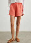 Rails Leighton Short-Papaya. Made with super soft, breezy organic cotton in an easy pullover silhouette, these shorts are perfect for any occasion. These high rise, lined, classic shorts feature a smocked elastic waistband and a relaxed fit.