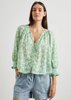 Rails Mariah Top-Green Texture Floral. This pretty pullover top features natural shell buttons, elastic smocked detailing at cuffs, and a relaxed fit.