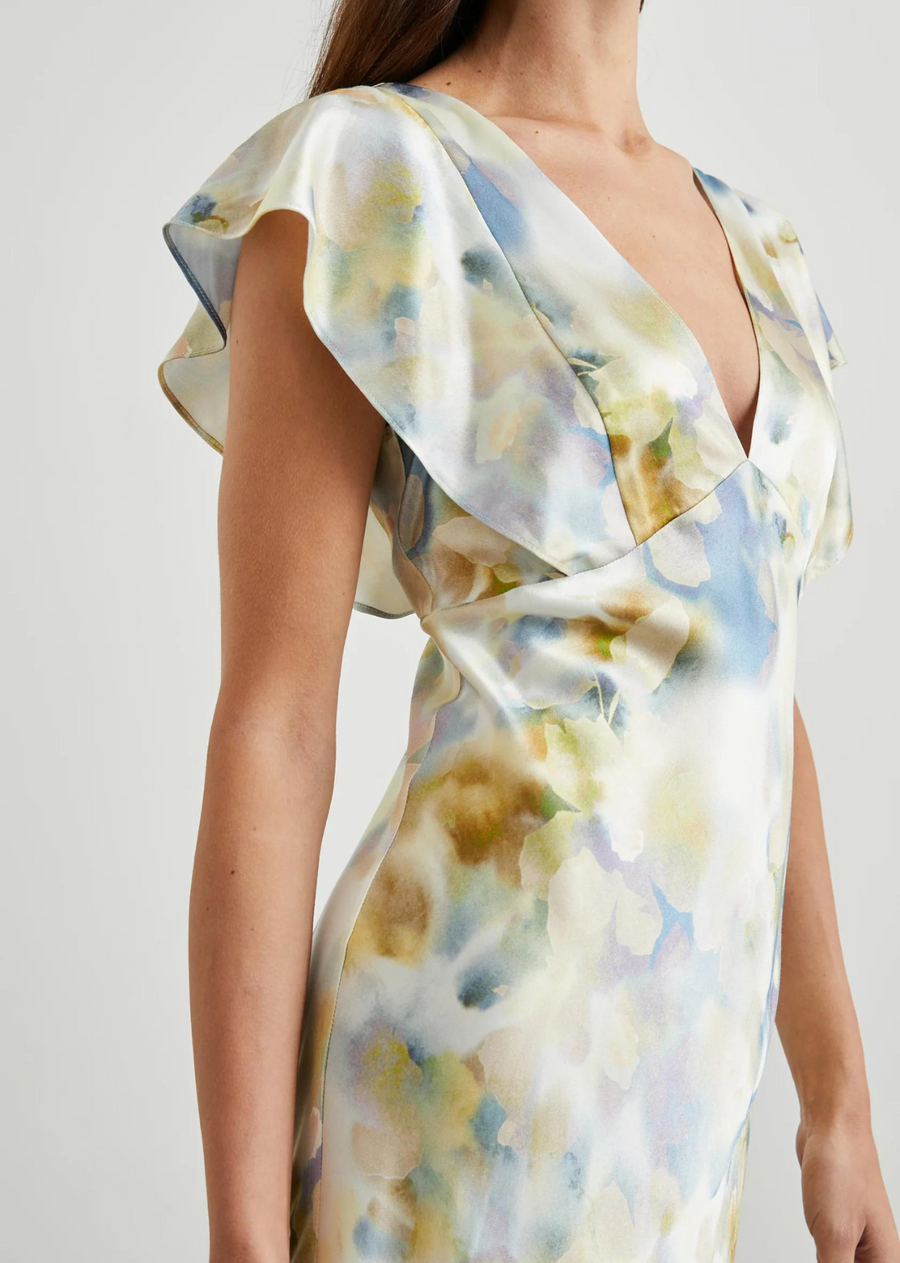 Rails Dina Dress-Diffused Blossom. Elegant and eye-catching, Dina is a true one-piece wonder. Featuring a deep v-neckline, flutter sleeves, and midi length, this satin crepe dress moves and shines with you.