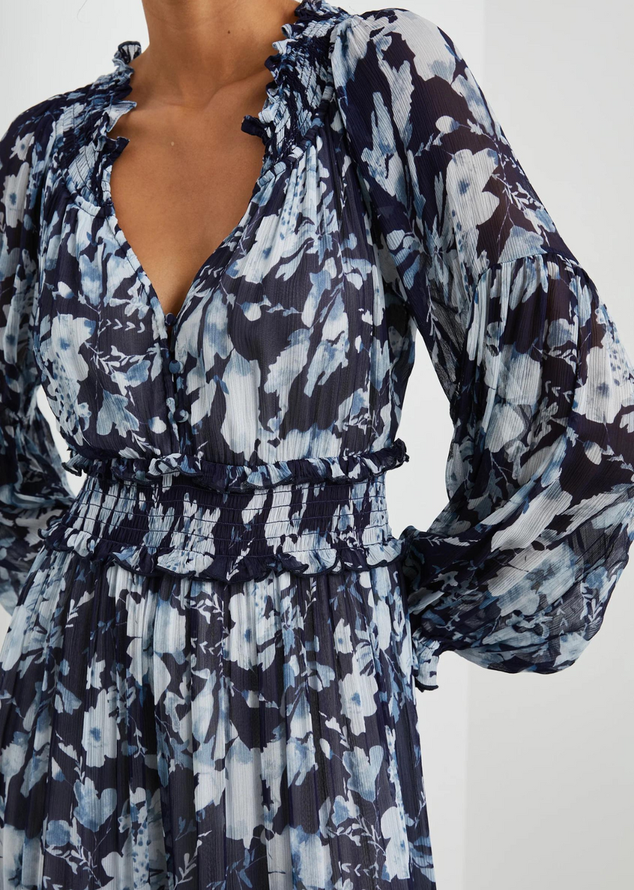 Rails Frederica Dress. Prepare to turn heads in this chiffon maxi that sways with every step. Done in a one-of-a-kind indigo floral print, Frederica can be dressed up or down to suit your plans.