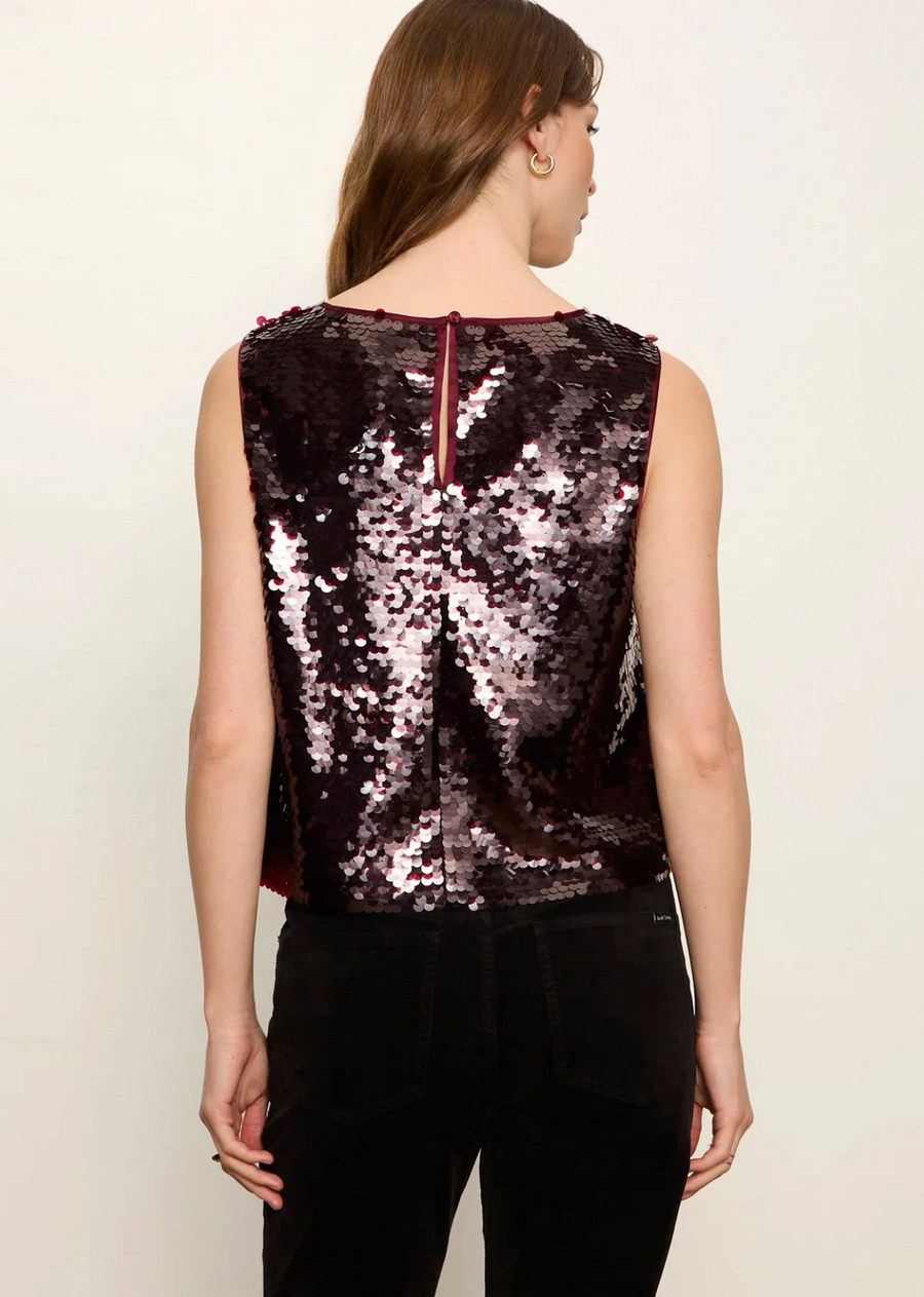 Elevate your evening wardrobe with this showstopping sequin tank top. Designed in a rich, romantic deep wine hue, it offers a striking multidimensional shimmer that catches the light from every angle.