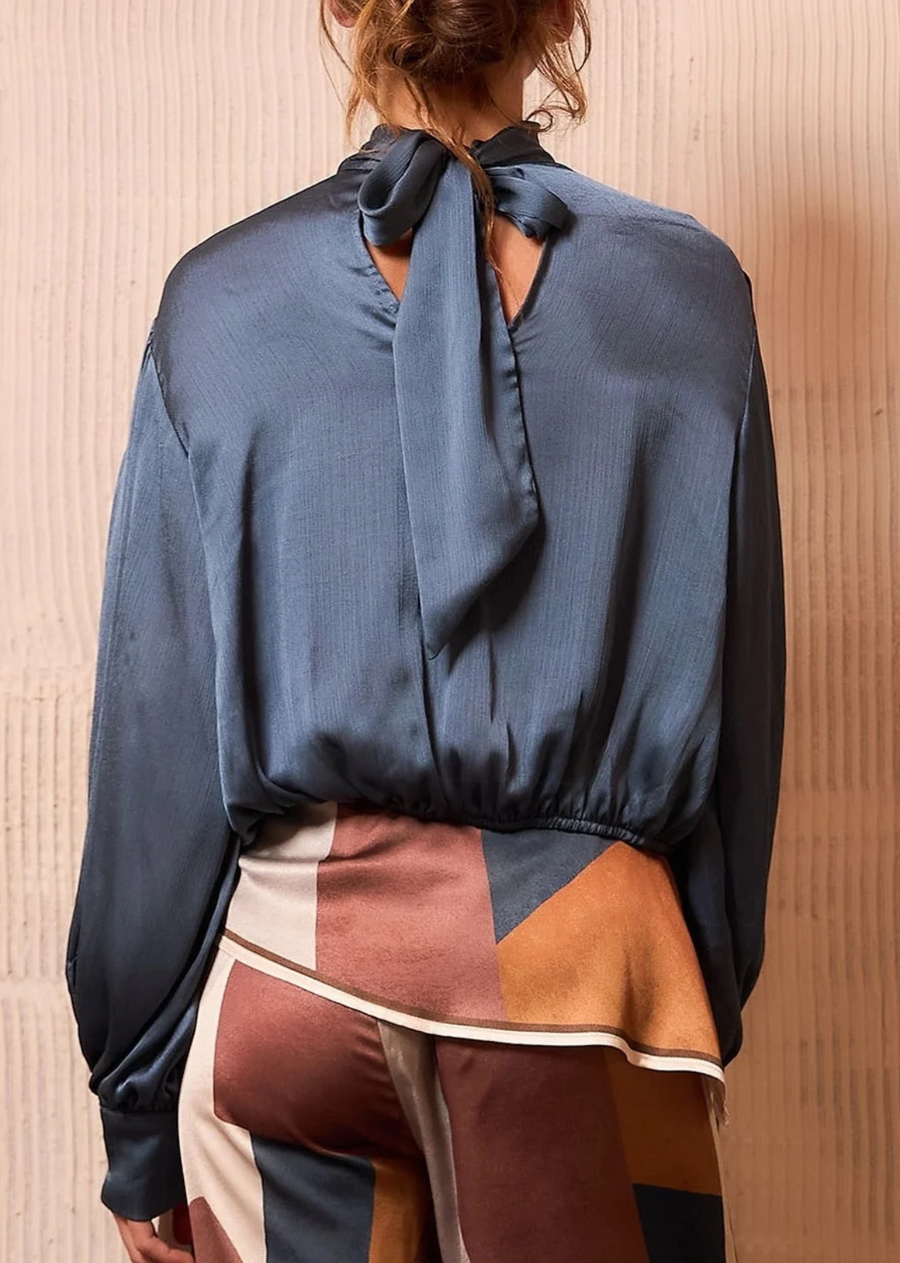 Satin High-Neck Draped Wrap Blouse