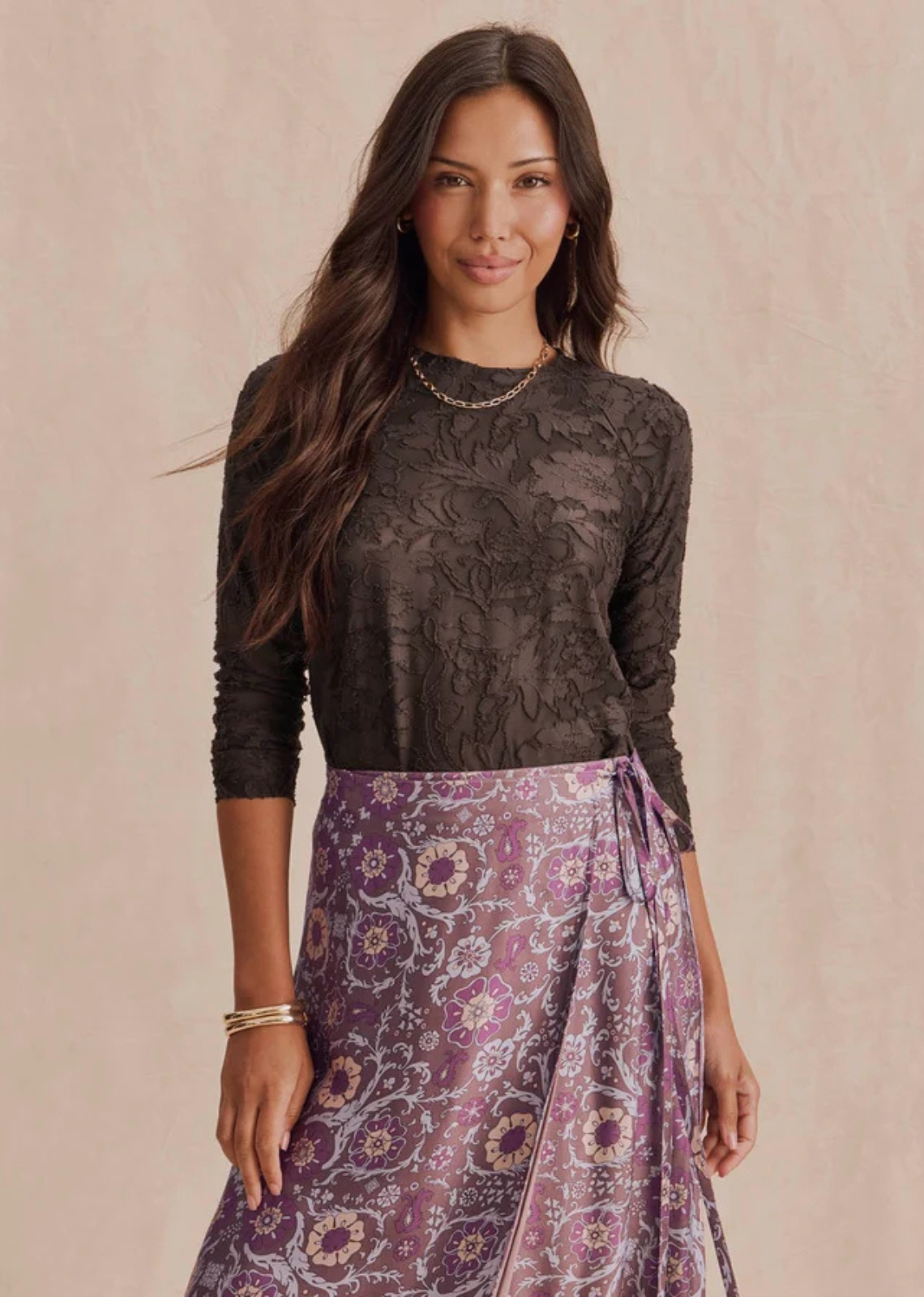 Feminine meets functional in our Cecelia Floral Long Sleeve Tee-- a refined top that feels casual but looks trés chic. Made from a sheer burnout fabric with a lovely embroidered floral pattern. It's bodycon fit is perfect for layering and tucking into jeans. Top it over your own cami for added coverage.
