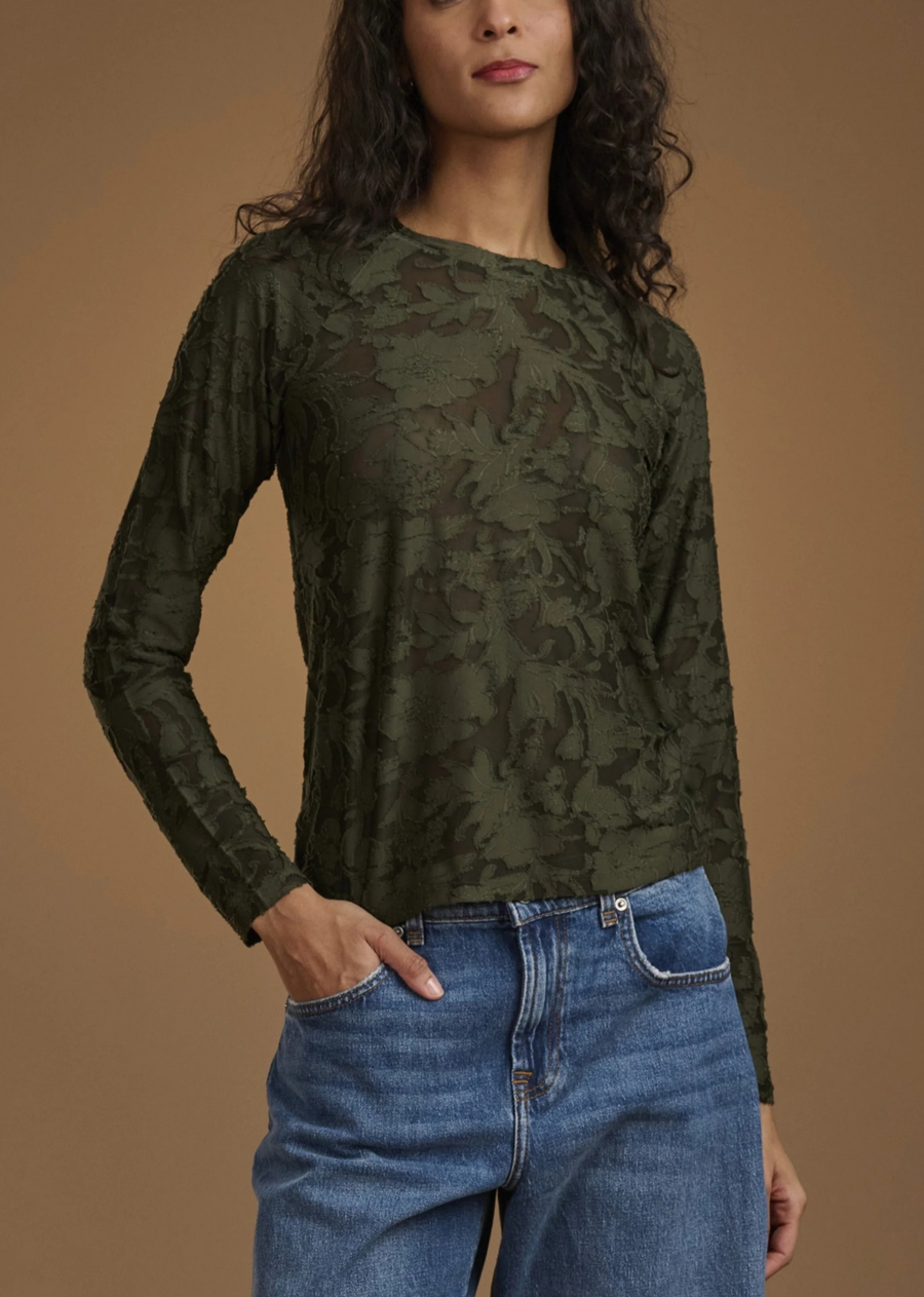 Feminine meets functional in our Cecelia Floral Long Sleeve Tee-- a refined top that feels casual but looks trés chic. Made from a sheer burnout fabric with a lovely embroidered floral pattern. It's bodycon fit is perfect for layering and tucking into jeans. Top it over your own cami for added coverage.
