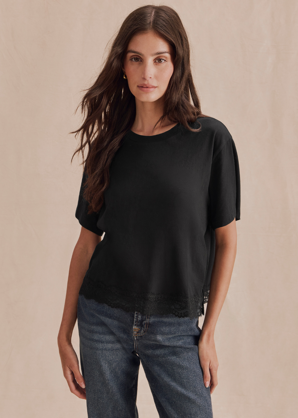 A classic short sleeve tee finished with delicate lace trim for a softer, dressed-up feel.