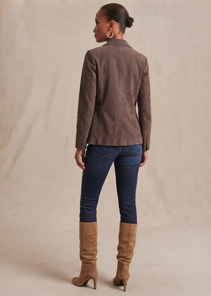 Elevate your layering game with this luxurious soft faux suede blazer. Designed with a classic tailored silhouette, chic lapels, and functional front patch pockets, it bridges the gap between sophisticated structure and effortless everyday style. Whether dressed up over denim or paired with seasonal knits, this rich chocolate-brown jacket brings a touch of tactile warmth and timeless polish to any wardrobe.