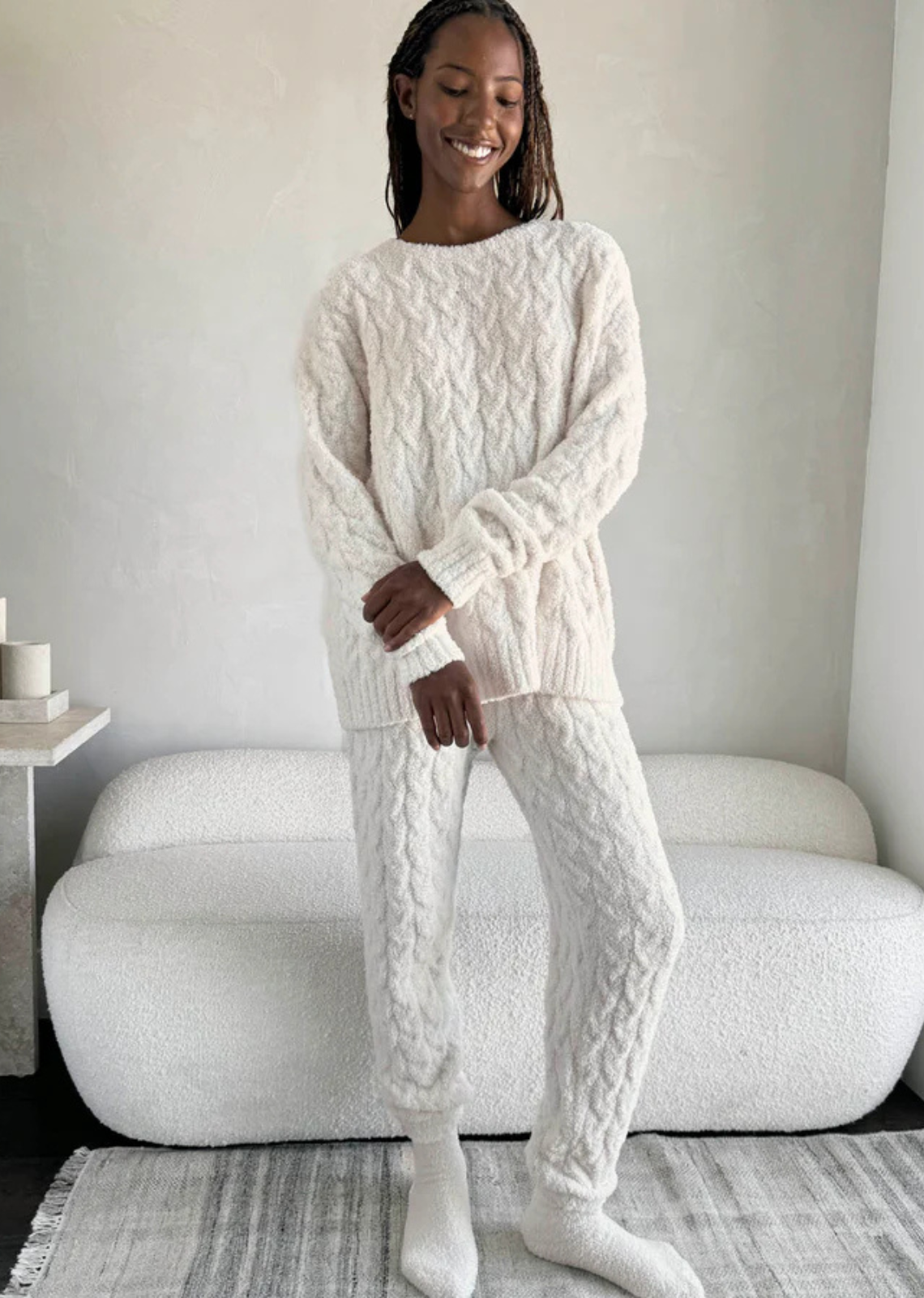 Splendid Fuzzy Cable Knit PJ Set  - Ivory