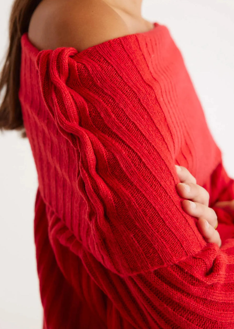 SNDYS The Label Brooks Off Shoulder Jumper- Scarlet