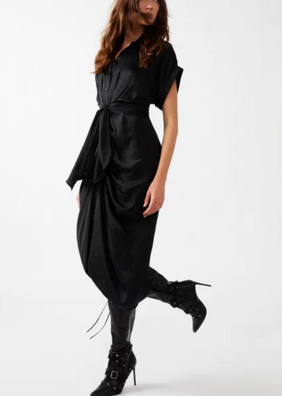 Steve Madden Tori Dress- Black. The TORI dress features tailored details like a collared neck and rolled sleeves, finished with a gathered front for a high-low hem effect.