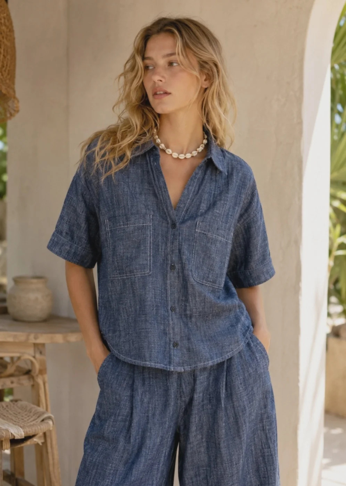 The Marina Linen Camp Shirt - Denim Blue is the perfect warm-weather staple. Crafted from a breathable linen-cotton blend, this lightweight button-up features a relaxed boxy silhouette, classic camp collar, and oversized patch pockets for an elevated yet casual look. Contrast stitching adds a modern touch, while the textured fabric creates an easy, laid-back style perfect for vacations, beach days, and everyday wear.