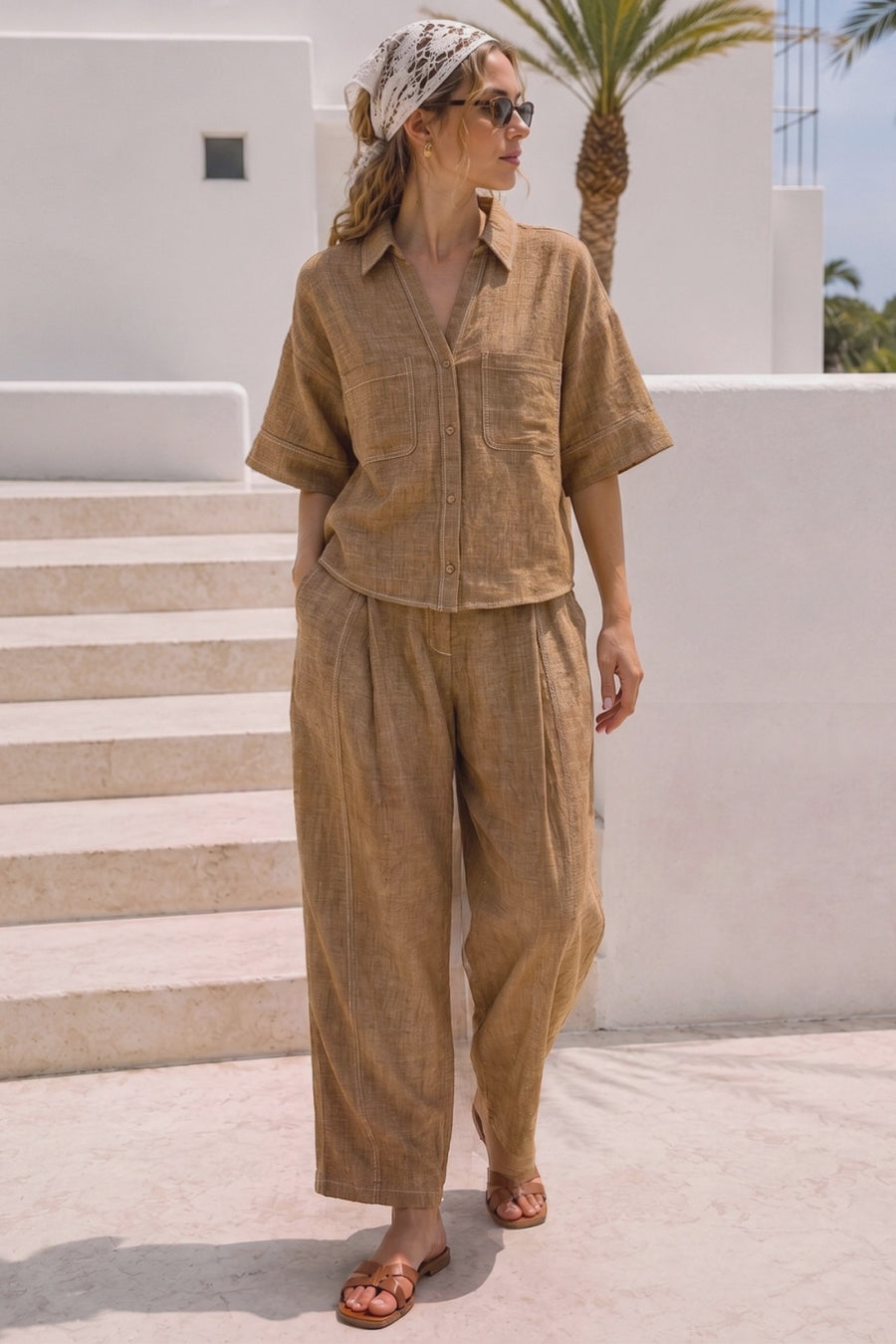 Effortlessly polished and designed for everyday wear, The Marina Linen Camp Pant - Brown offers a relaxed yet elevated fit. Crafted from a lightweight linen-cotton blend, these pants feature a soft textured finish and an easy silhouette that provides comfort without compromising style. Perfectly paired with The Marina Linen Camp Shirt for a coordinated look or styled separately with your favourite basics.