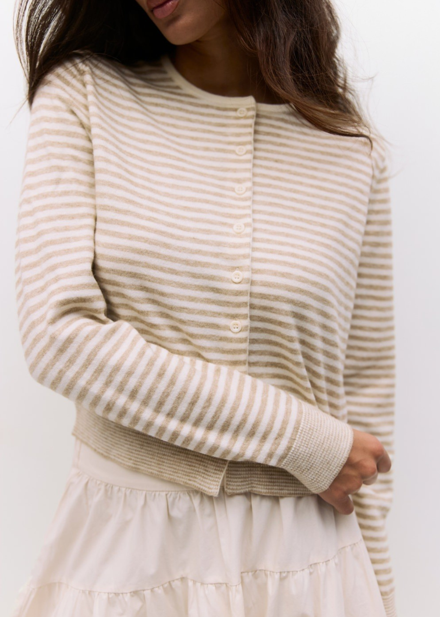 The Montana Cardigan - Taupe & White