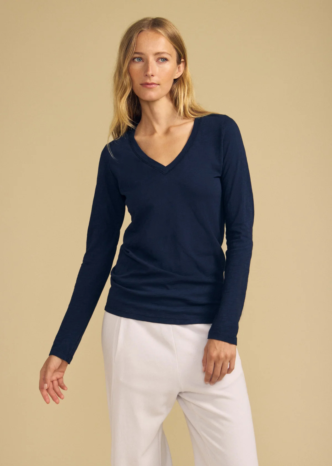 Made from a textured cotton slub, this tee features a flattering v-neckline and long sleeves. Perfect for everyday wear, you'll find yourself reaching for it time and time again.
