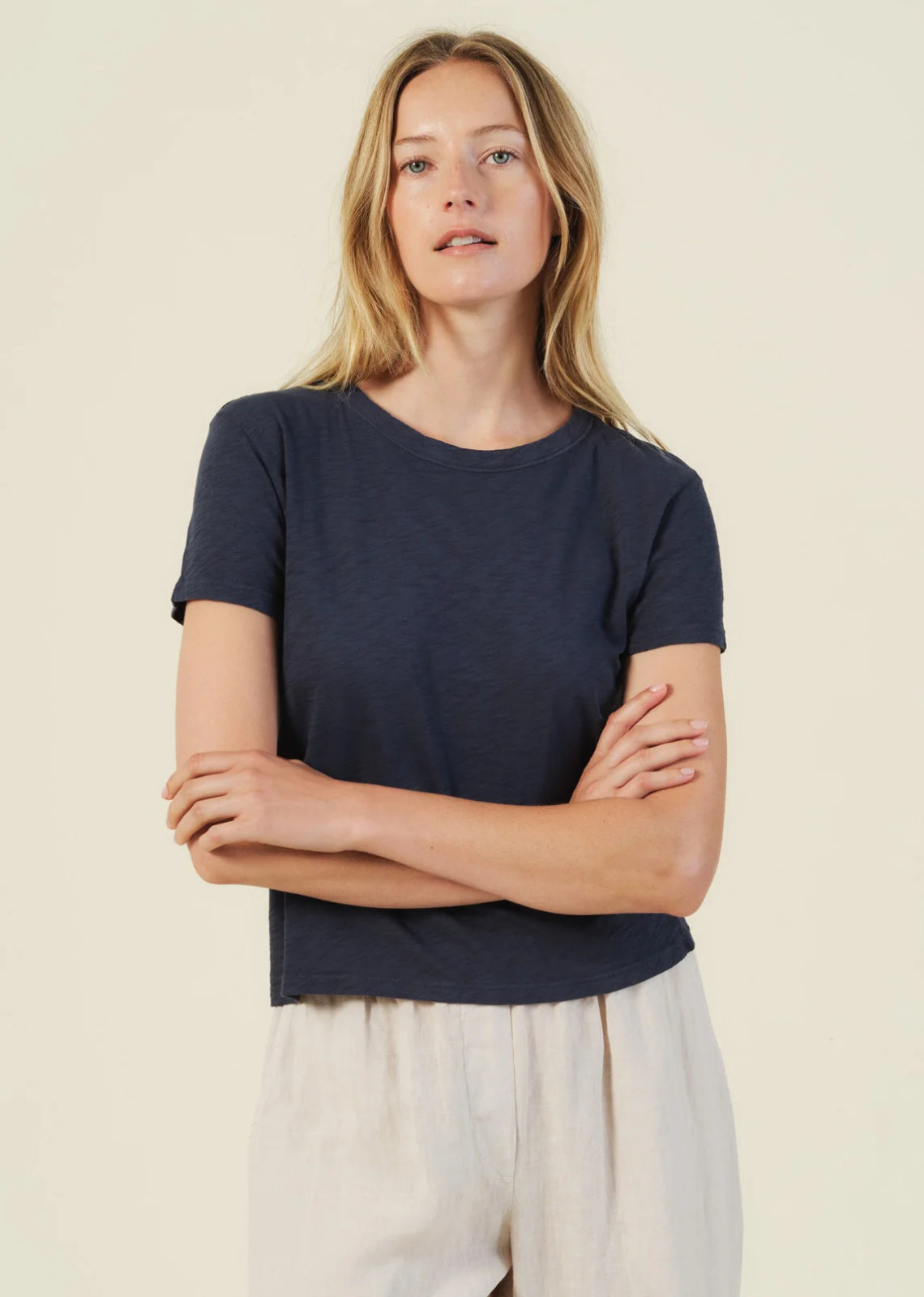 A new version of the favorite Marie Tee, the Marika is crafted from our signature cotton slub. Designed with a crew neckline, short sleeves, and a relaxed boxy fit, it delivers the perfect balance of comfort and structure. Made to look flattering on any occasion.