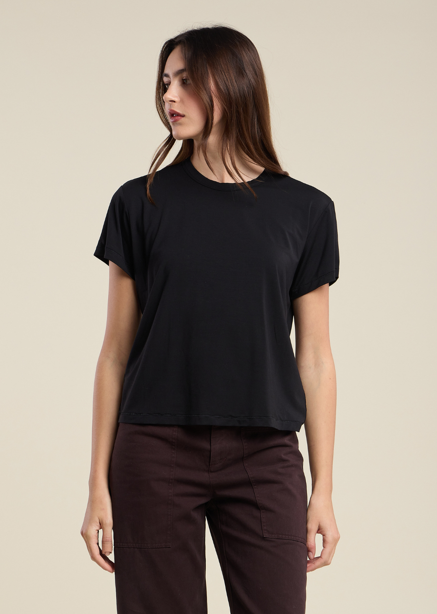 This solid black short-sleeve tee delivers an ultra-soft, fluid drape crafted from lightweight modal jersey.