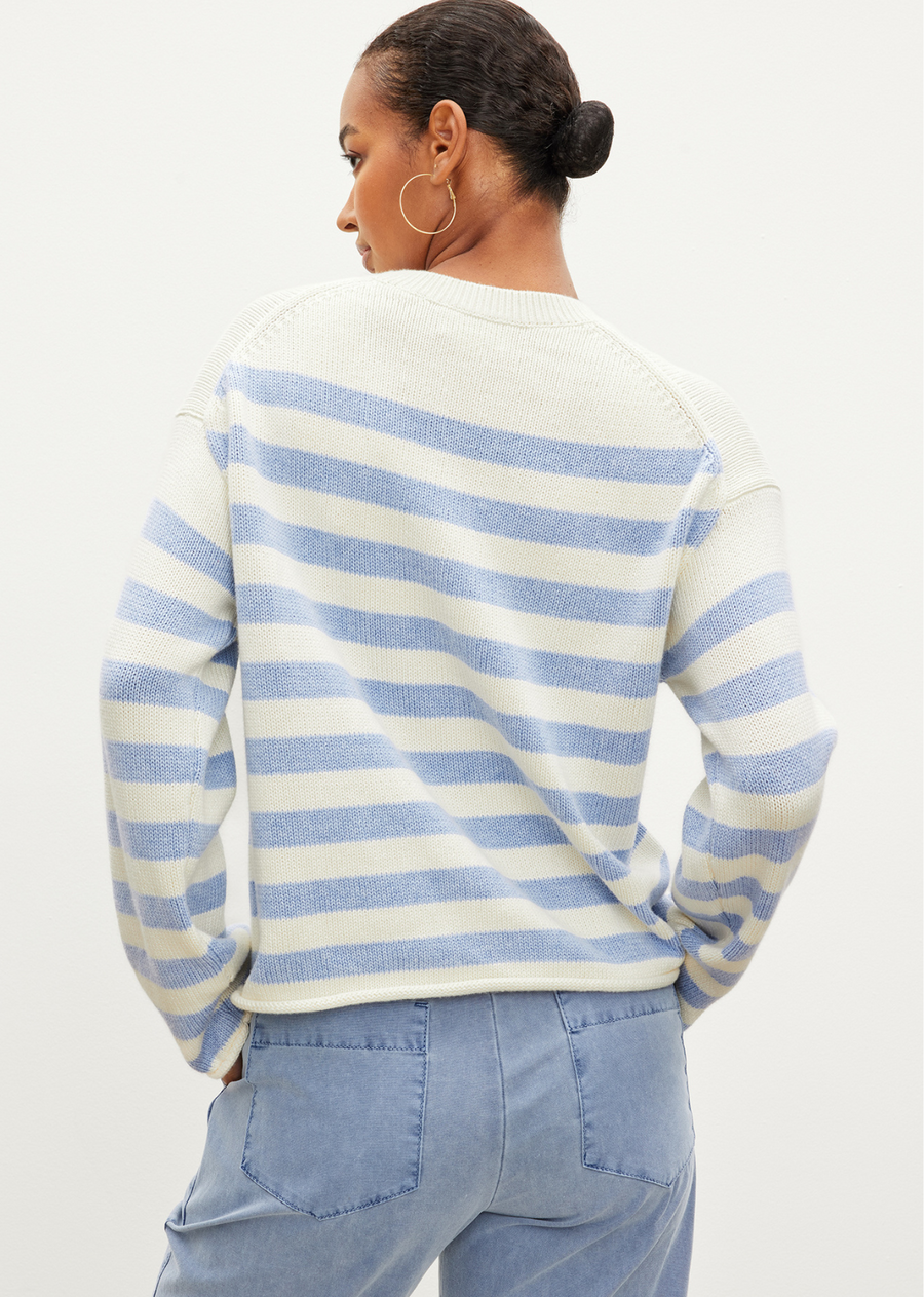 Velvet Lex Cashmere Top. A modern take on a classic breton silhouette with a slightly wider sleeve and a rolled hemline, which give this sweater a laid-back feel, while the blend of cotton and cashmere elevates it to an everywhere knit pick.