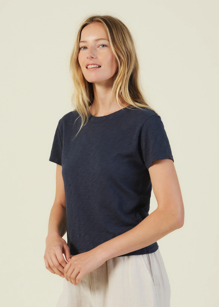 A new version of the favorite Marie Tee, the Marika is crafted from our signature cotton slub. Designed with a crew neckline, short sleeves, and a relaxed boxy fit, it delivers the perfect balance of comfort and structure. Made to look flattering on any occasion.