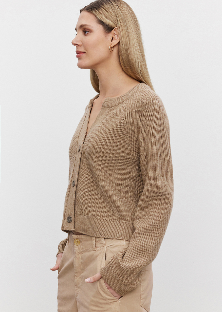 Velvet Shayla Cardigan. Crafted from a wool blend for unbeatable warmth and comfort, it features engineered stitches and jumbo buttons for a chic finish. Wear it open or closed for the perfect layering piece.