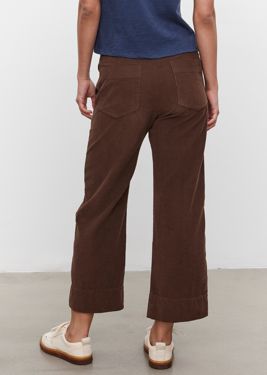 Velvet Vera Cotton Corduroy Cropped Pant. Featuring a pinwale corduroy (this is the skinniest, least bulky type) these casual trousers are fab. With a cropped, wide leg and utility details like patch pockets on the front and rear, these bottoms have a slightly higher rise that hits at the natural waist. A flattering silhouette that is equally chic.