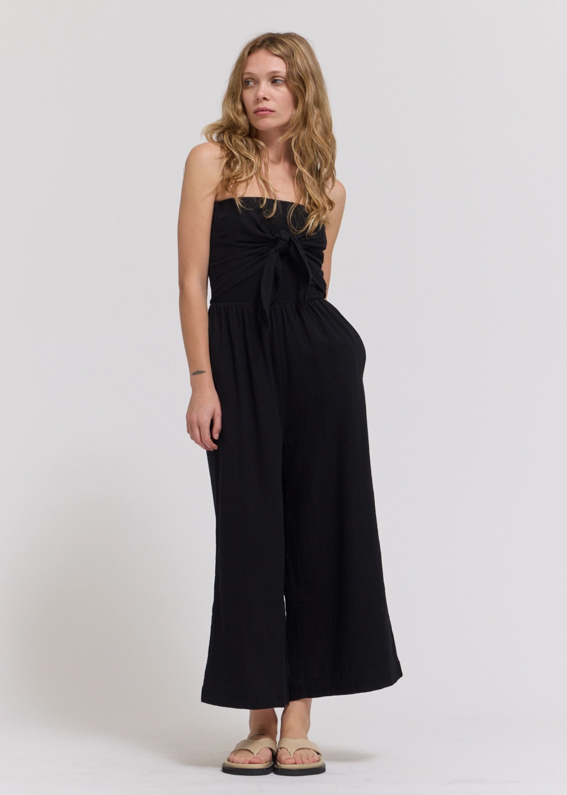 Vienna Tie Front Gauze Jumpsuit - Pure Black