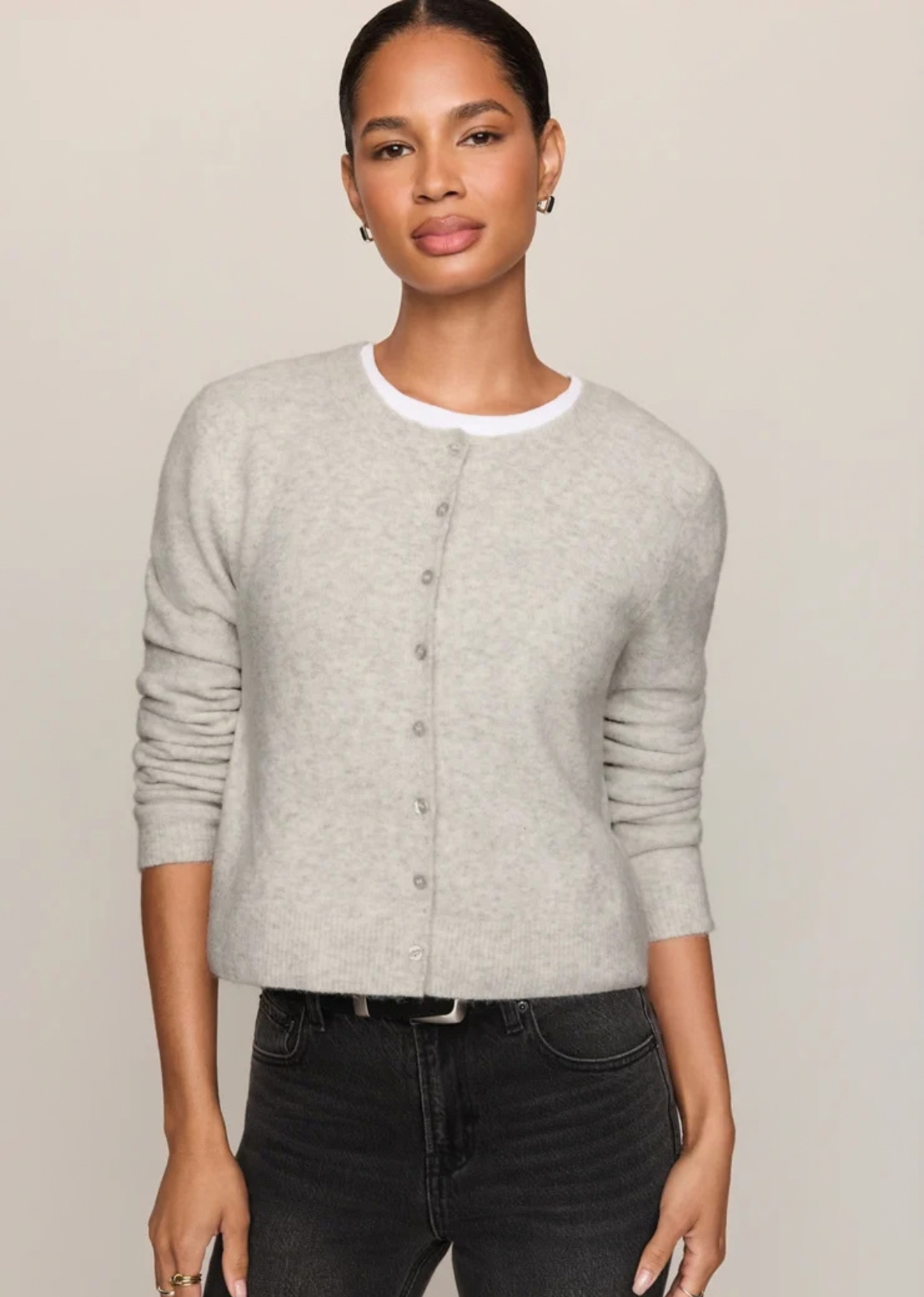 This relaxed crewneck cardigan is made from cozy sweater yarns with an easy button-up front that’s perfect for layering. Whether tossed over a tank or worn solo, it’s the ideal go-to for cozy, casual days.