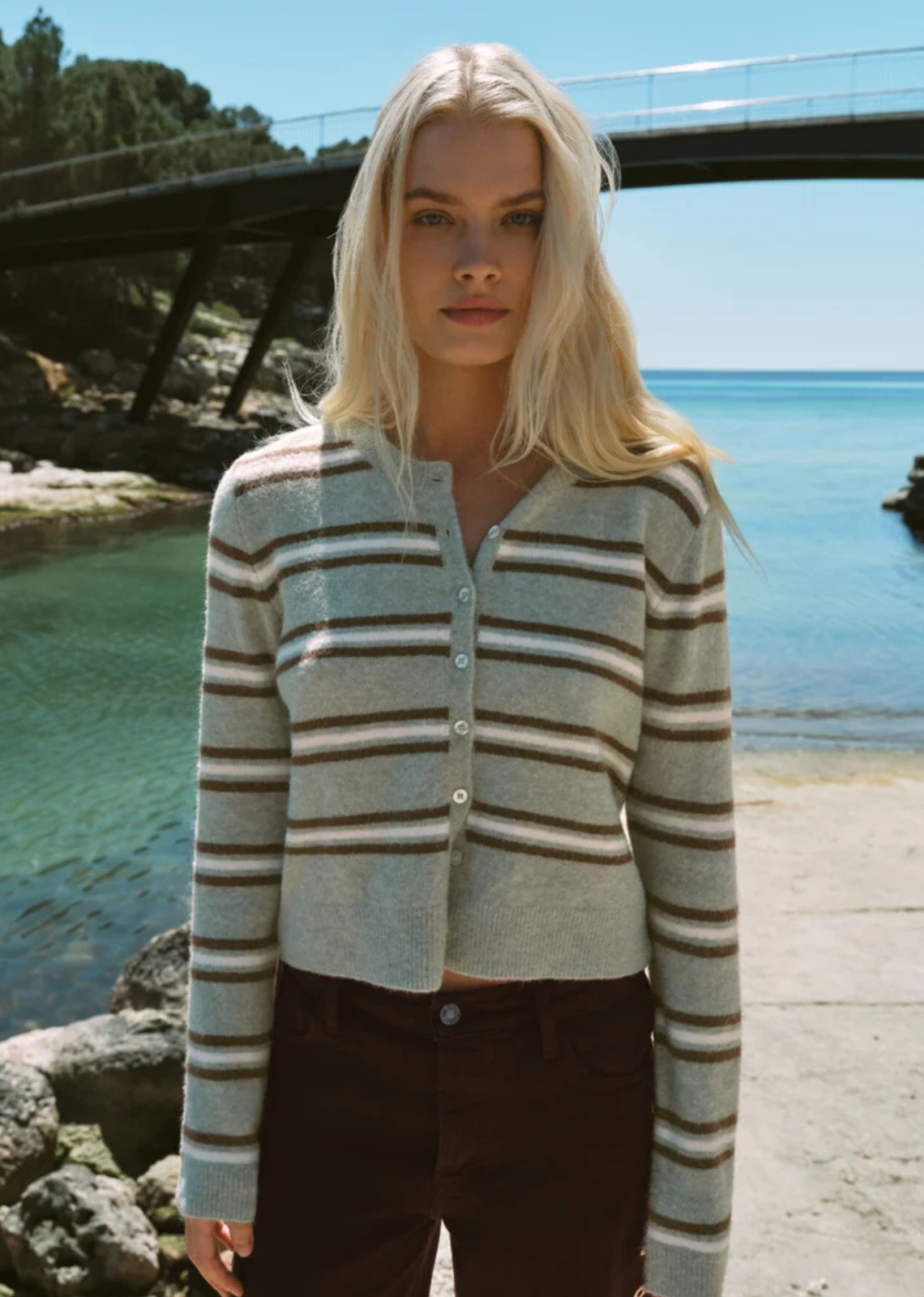 The Medina cardigan returns in a striped version that feels slightly nostalgic in the best possible way. Cozy stretch yarns keep it soft and comfortable, while the easy button-front silhouette makes it especially good layered over tanks, tees, and whatever denim you currently have on rotation.