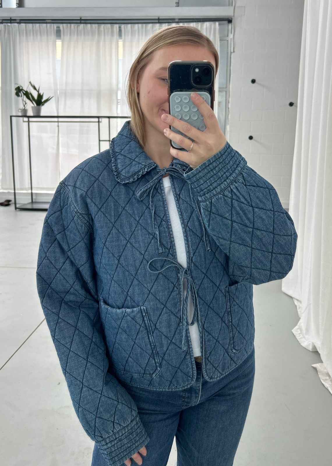 Zaria Denim Ruffled Quilted Jacket