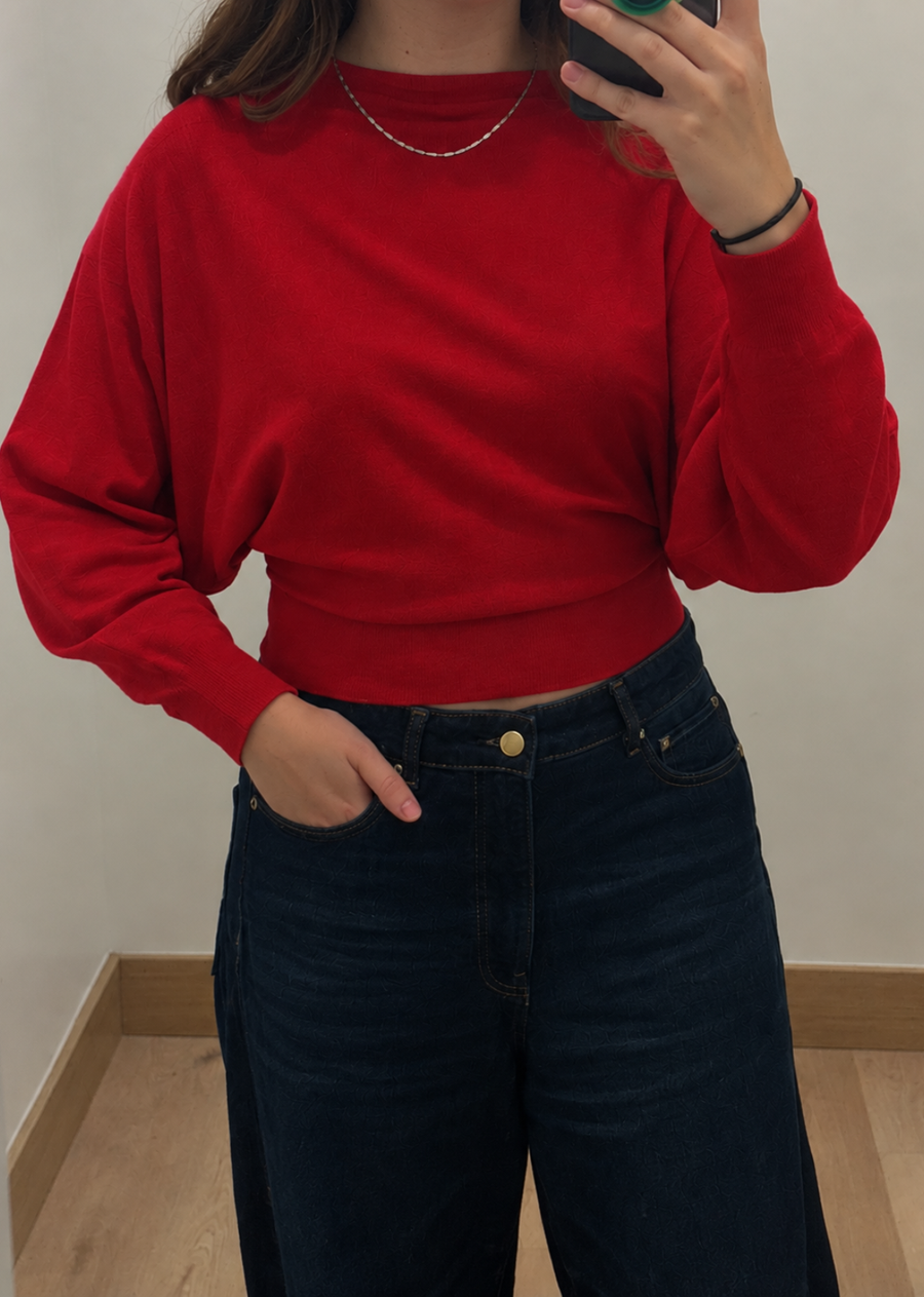 avalon cashmere blend dolman top in true red, featuring a relaxed dolman silhouette, soft knit fabric, long sleeves, and a fitted waistband. 