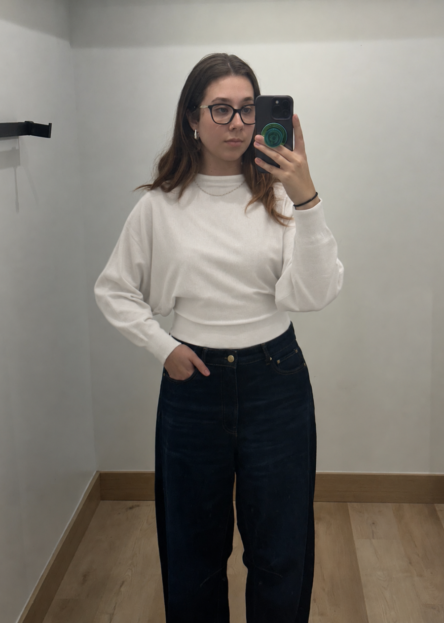 avalon cashmere blend dolman top in white, featuring a relaxed dolman silhouette, soft knit fabric, long sleeves, and a fitted waistband. 