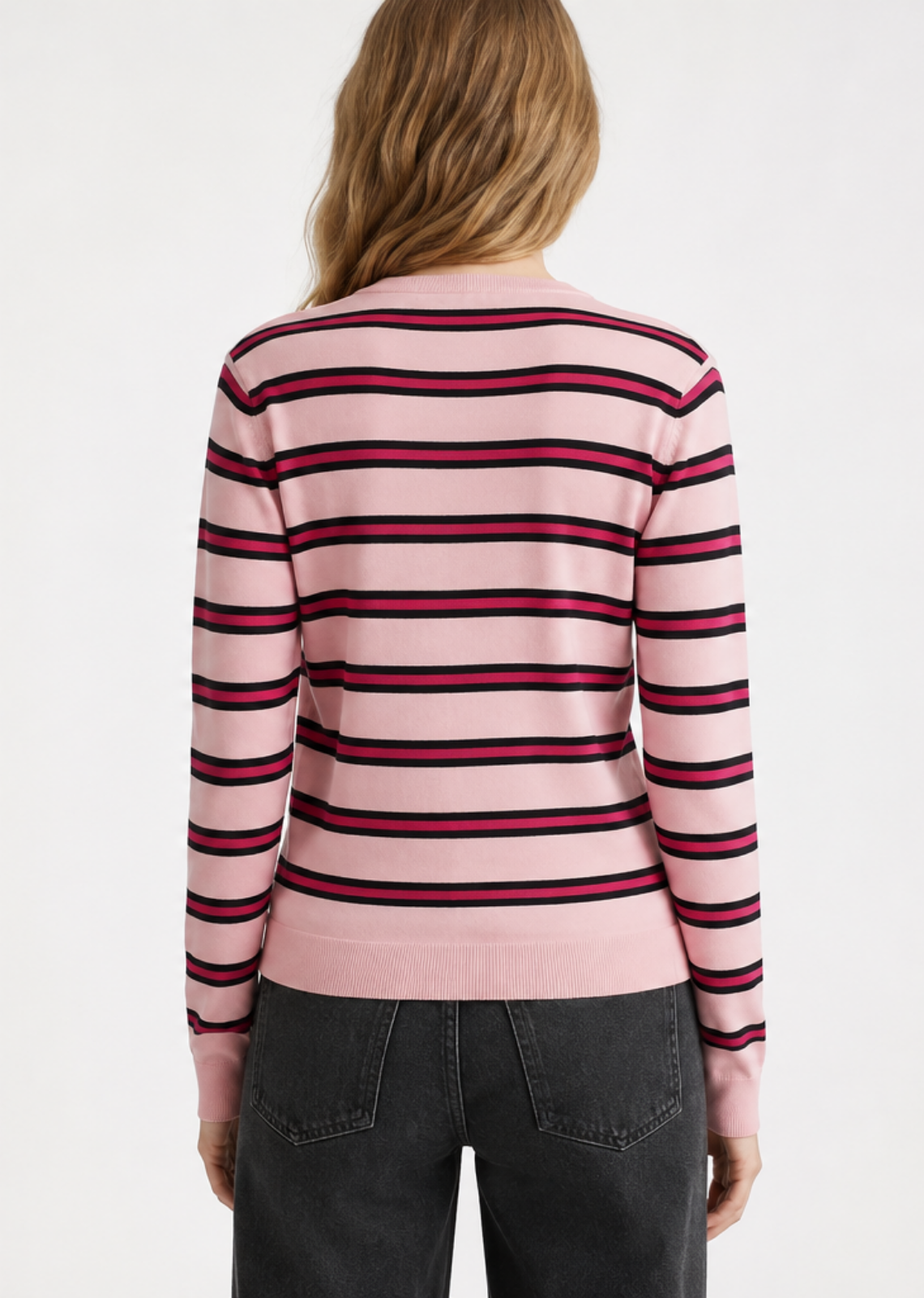Pink and fuchsia rainbow striped cardigan with a crew neckline, button-front closure, and long sleeves.