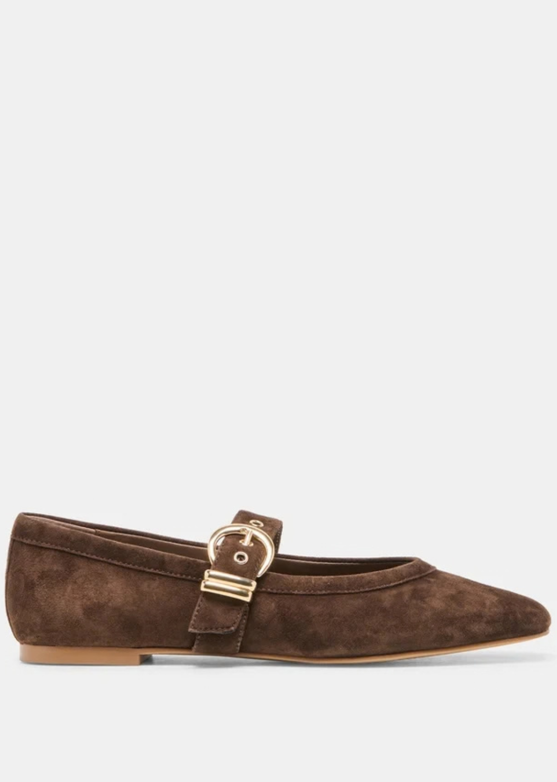Perforated suede Mary Jane ballet flats featuring a sleek silhouette, gold metal buckle strap, and low 0.2-inch heel.