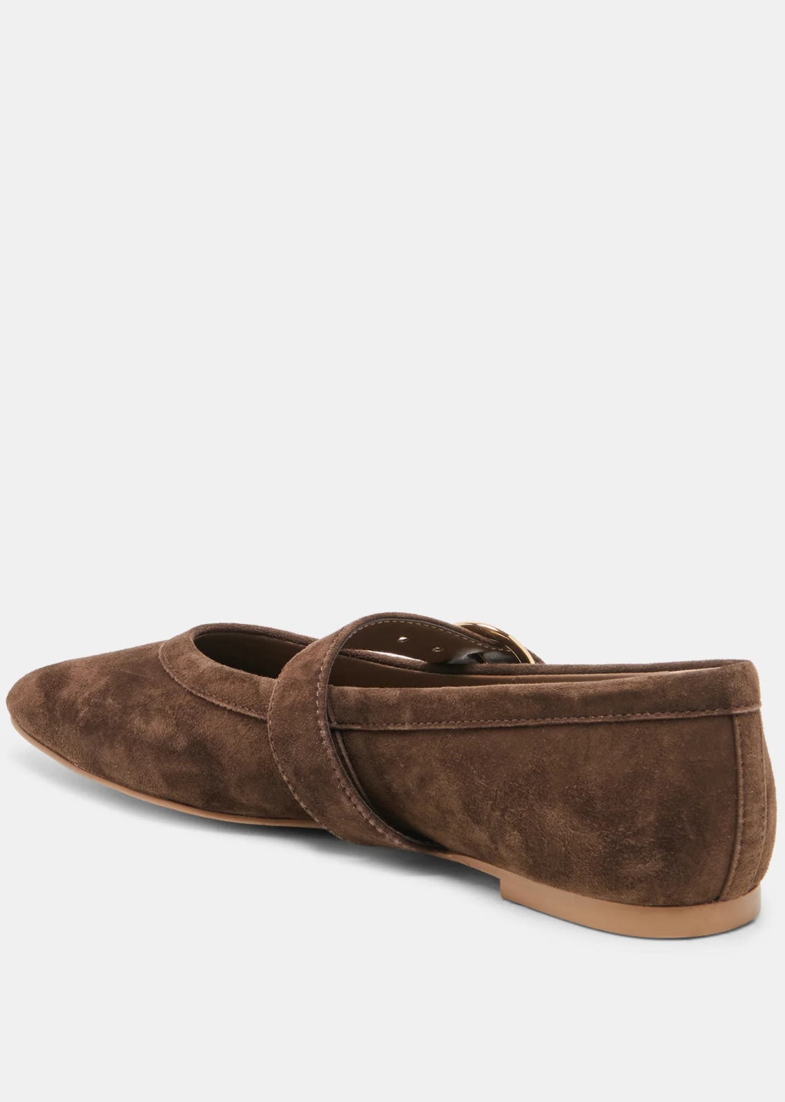 Perforated suede Mary Jane ballet flats featuring a sleek silhouette, gold metal buckle strap, and low 0.2-inch heel.